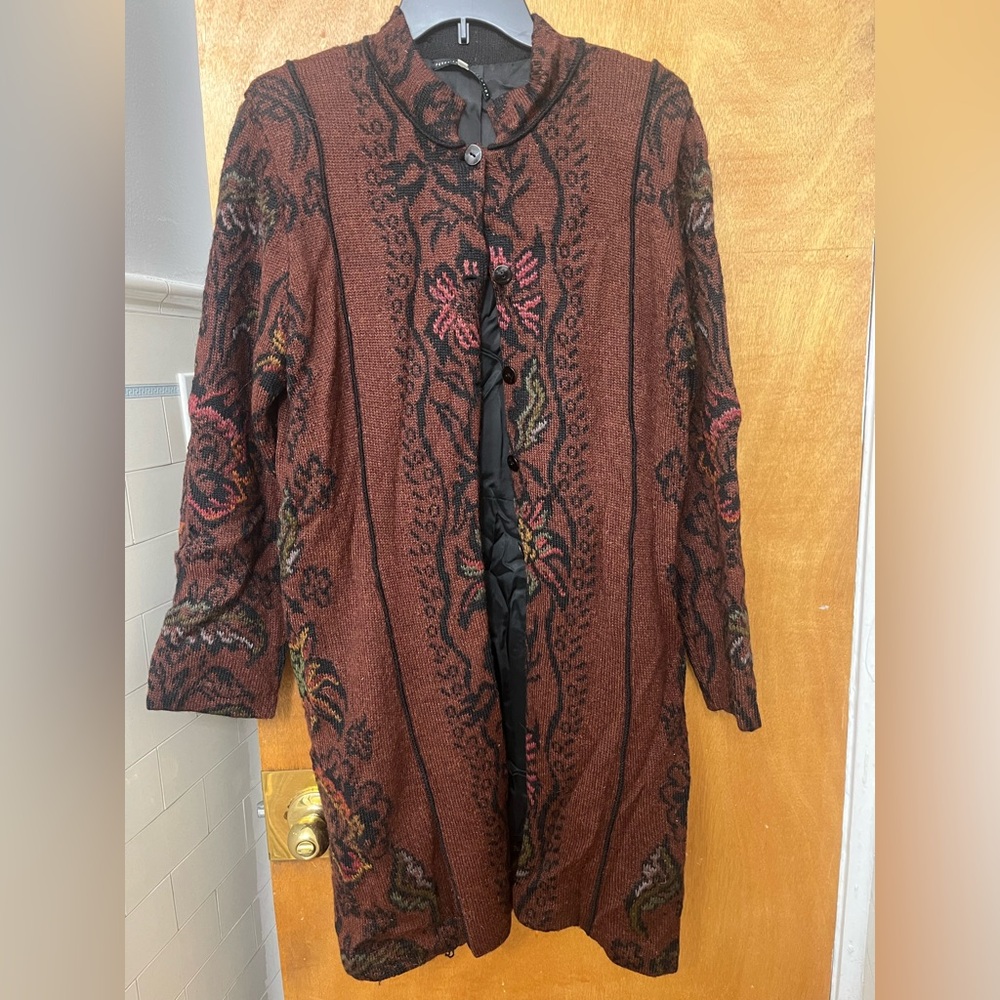 Peruvian Connection Floral Alpaca Wool Sweater Coat - Burgundy and Green
